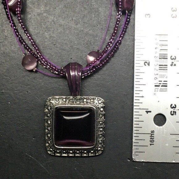 Square Pendant Necklace Detailed Silver Purple Beads Multi Strand Retro BoHo - Picture 5 of 6